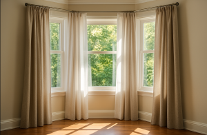 bay window adorned with elegantly draped curtains